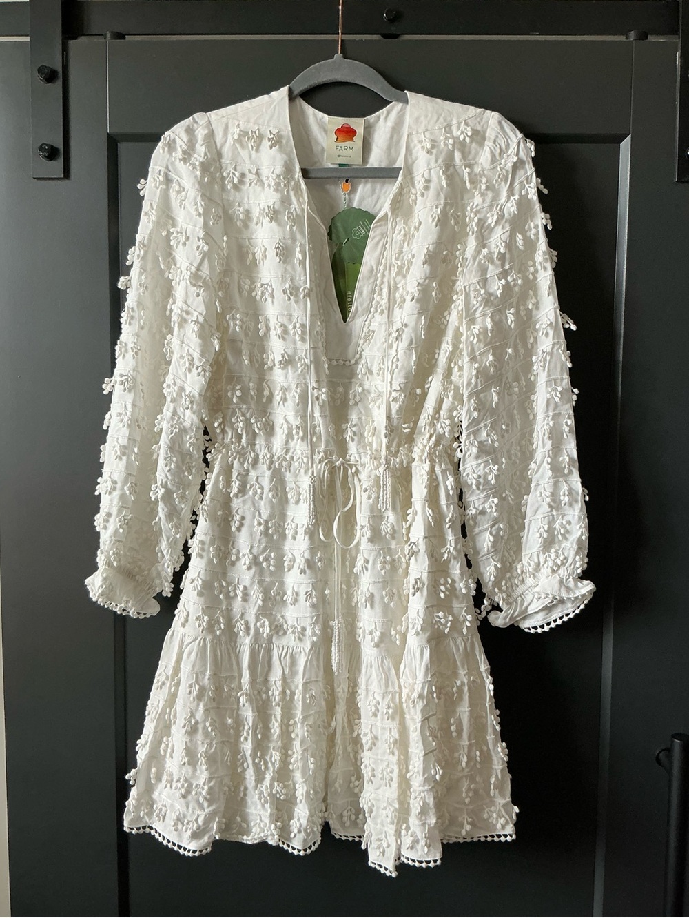 FARM Rio Fringe Detail Mini Dress | Drawstring Waist and Beaded Ties | Off-white